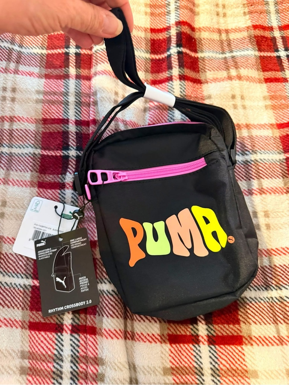 Puma Black Crossbody Bag with Neon Logo and Pink Zipper